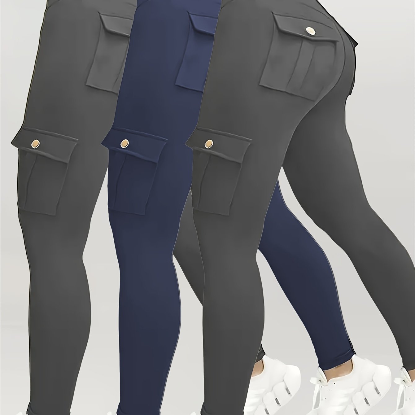 3pcs Women's High Waisted Yoga Tights with Pockets Stretchy Running and Sports Leggings with Button Design Solid Colors Black Navy Blue Gray Flap Pockets and Comfortable Polyester Blend Fabric - Looped In Style