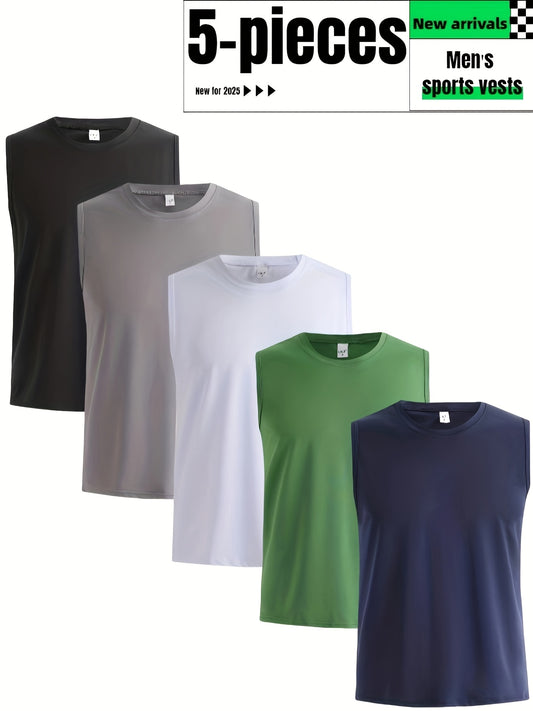 5 Pack Of Men's Summer Loose Crew Neck Vest T Shirts Moisture Absorbent Breathable Soft And Comfortable For Daily Sports Fitness And Training - Looped In Style