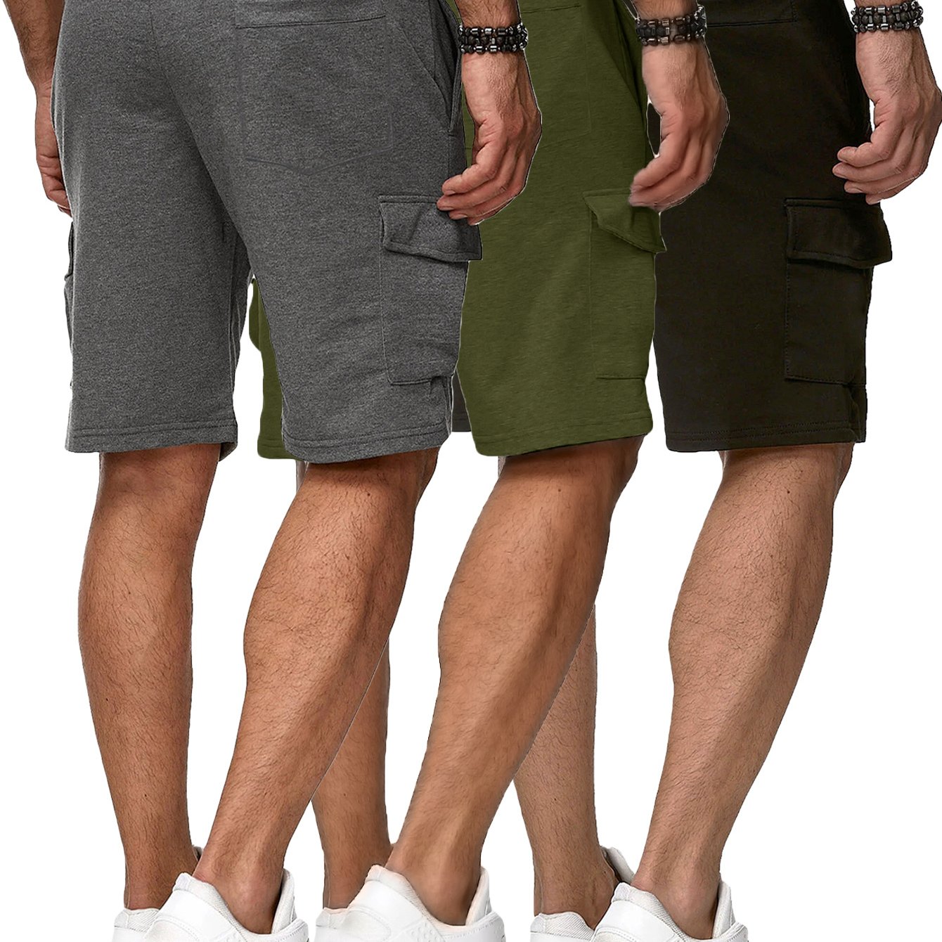 3 Pack Men's Cargo Shorts Sweatshorts with Classic Fit Cargo Pockets Elastic Drawstring Polyester Stretch Shorts for Summer Beach Workout - Looped In Style