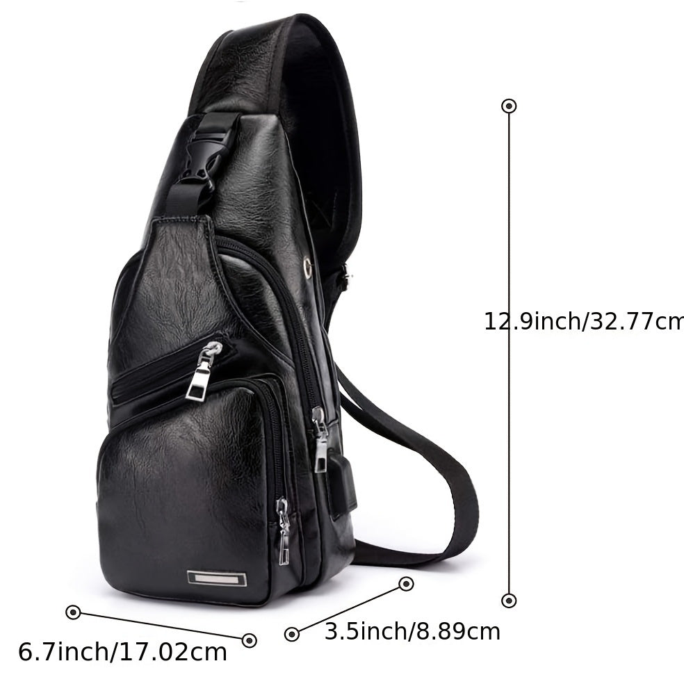 Lightweight Faux Leather Sling Chest Bag with USB Charging Port for Men and Women Crossbody Mini Sash Bag for Travel and Outdoor Camping in Light Brown and Black - Looped In Style