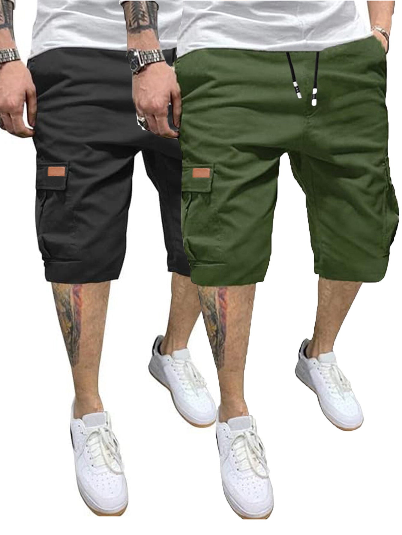 2 Pcs Men's Casual Cargo Shorts with Elastic Drawstring Cotton Stretch and Multiple Pockets - Looped In Style