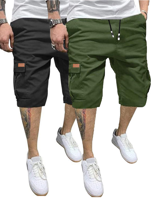 2 Pcs Men's Casual Cargo Shorts with Elastic Drawstring Cotton Stretch and Multiple Pockets - Looped In Style
