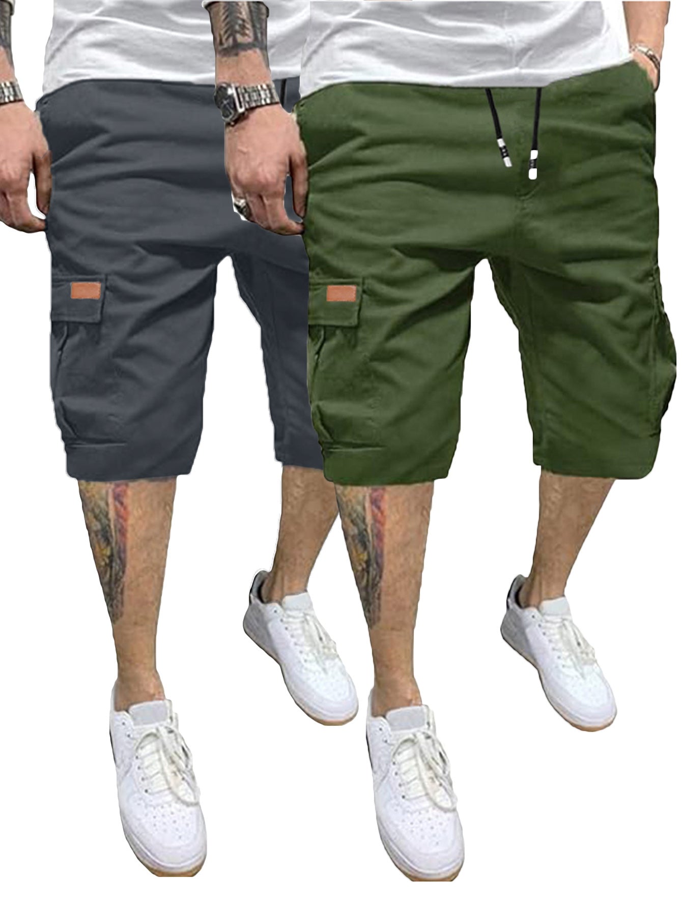 2 Pcs Men's Casual Cargo Shorts with Elastic Drawstring Cotton Stretch and Multiple Pockets - Looped In Style