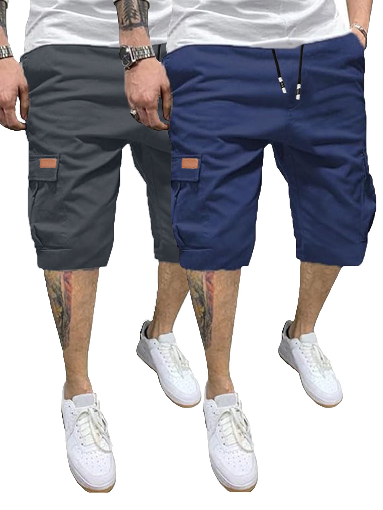 2 Pcs Men's Casual Cargo Shorts with Elastic Drawstring Cotton Stretch and Multiple Pockets - Looped In Style