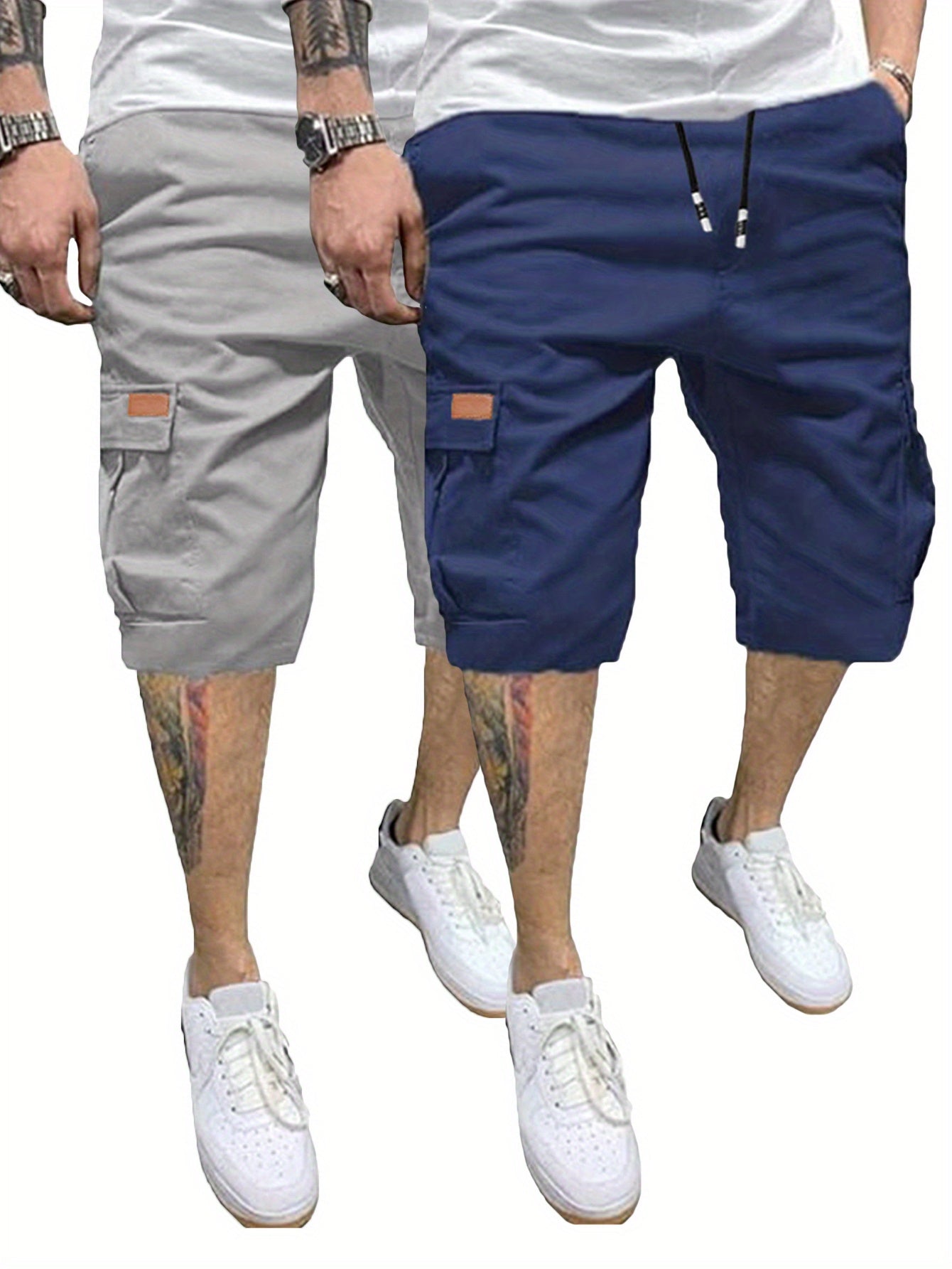 2 Pcs Men's Casual Cargo Shorts with Elastic Drawstring Cotton Stretch and Multiple Pockets - Looped In Style