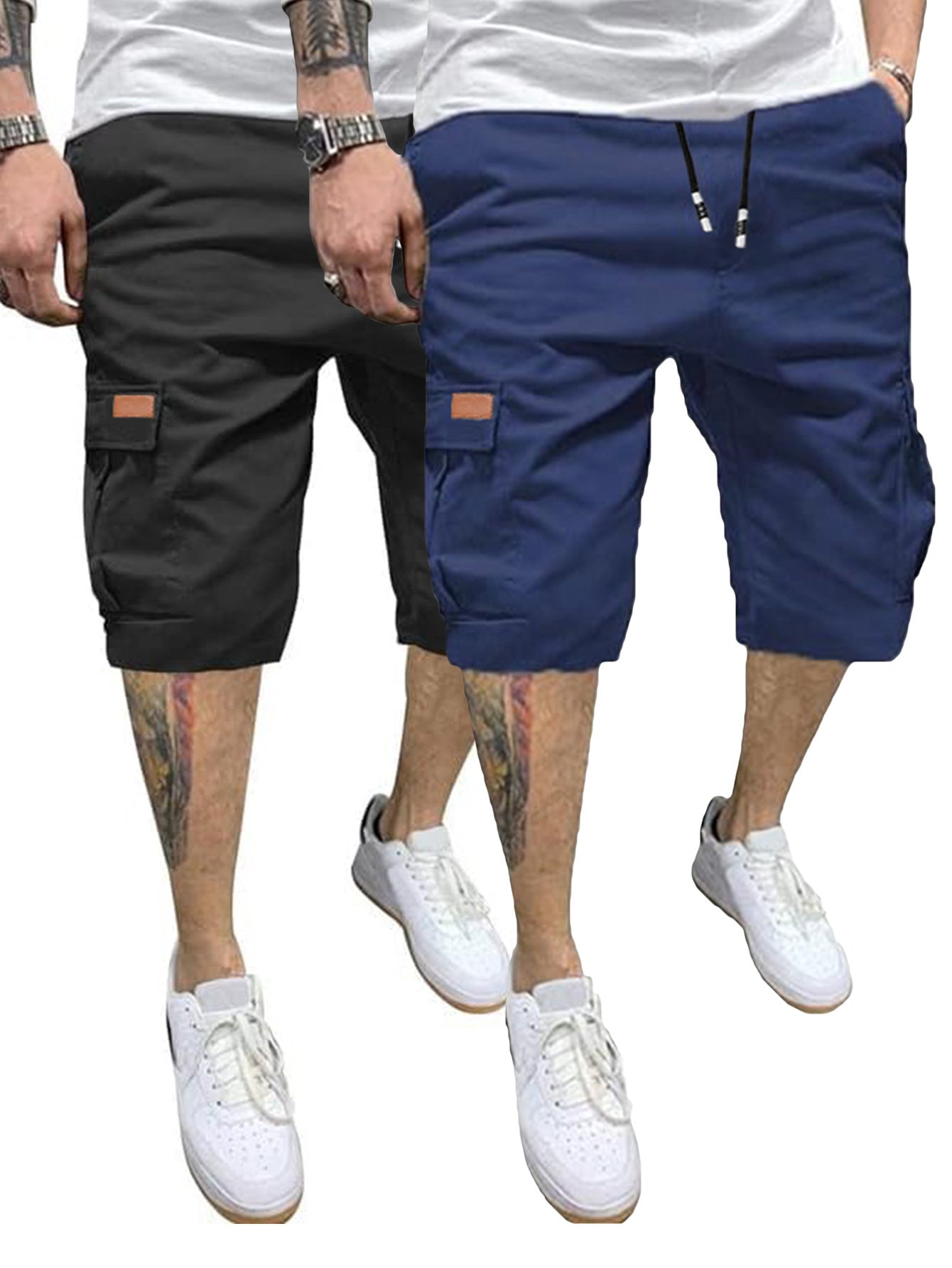 2 Pcs Men's Casual Cargo Shorts with Elastic Drawstring Cotton Stretch and Multiple Pockets - Looped In Style