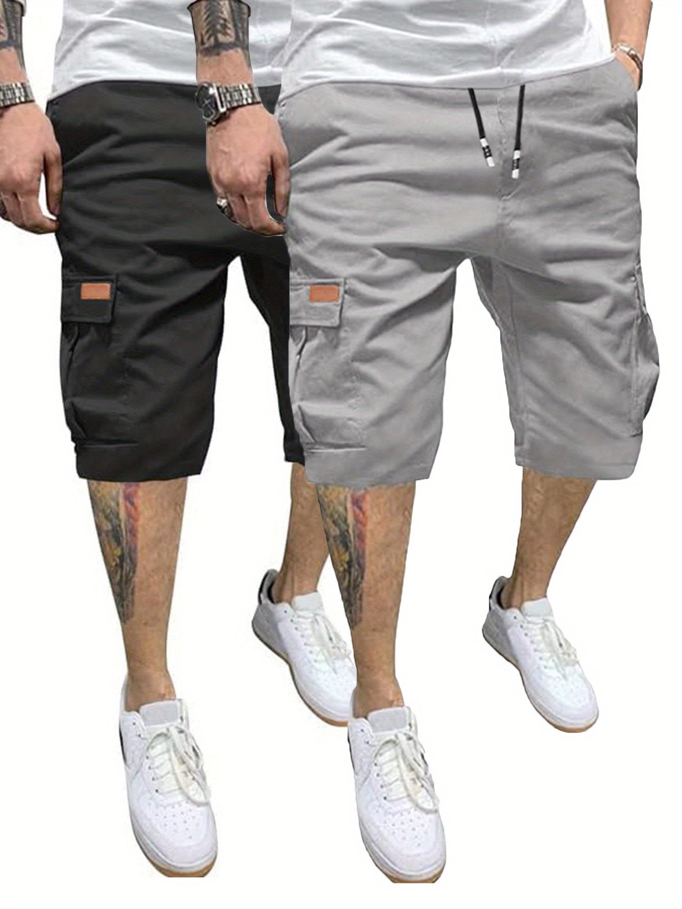 2 Pcs Men's Casual Cargo Shorts with Elastic Drawstring Cotton Stretch and Multiple Pockets - Looped In Style