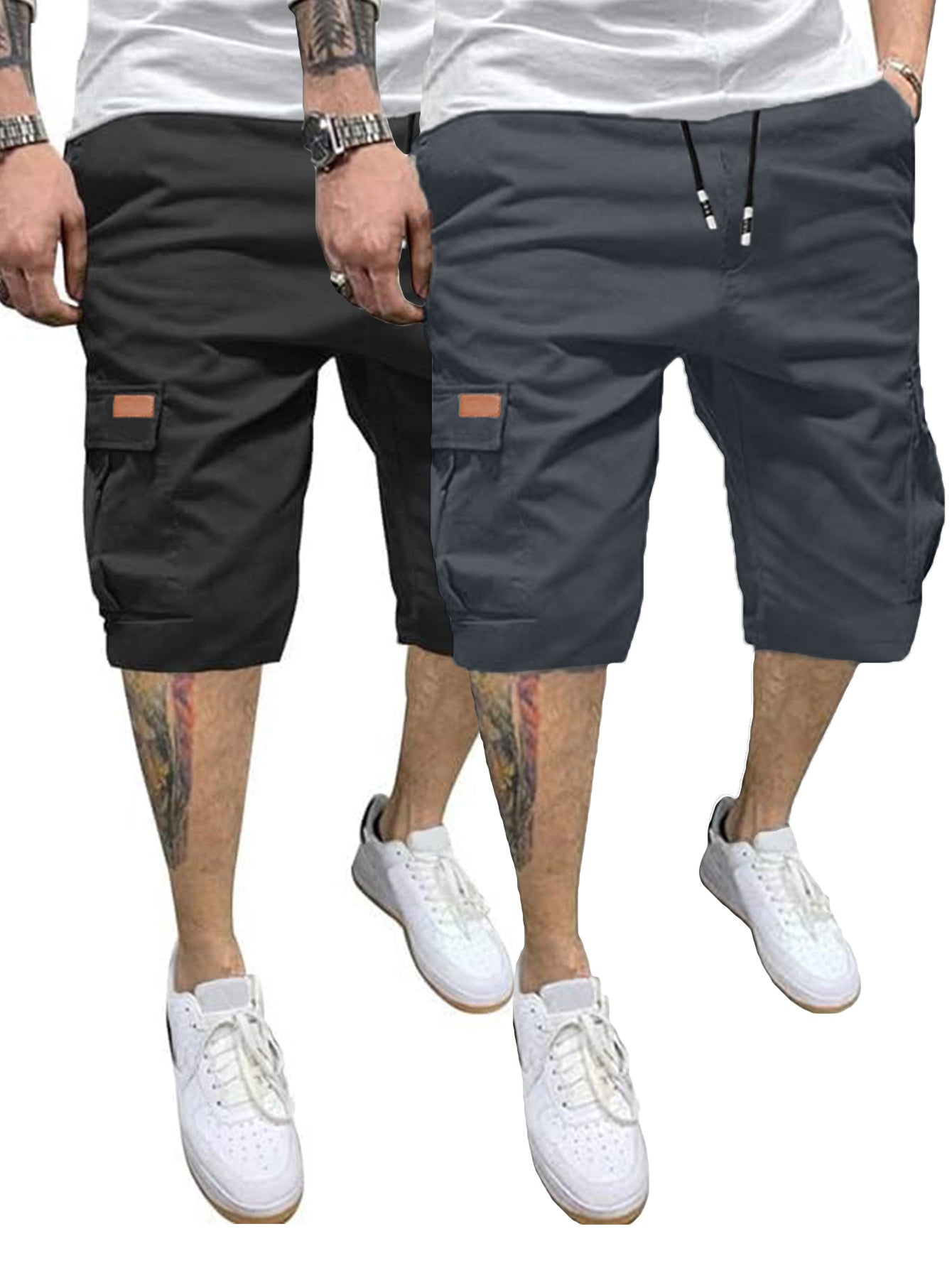 2 Pcs Men's Casual Cargo Shorts with Elastic Drawstring Cotton Stretch and Multiple Pockets - Looped In Style