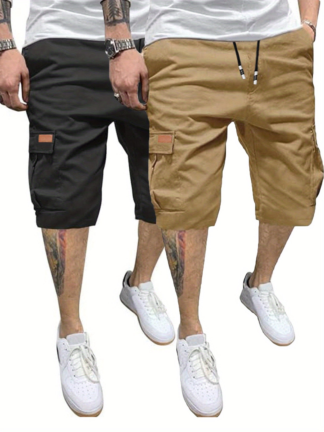 2 Pcs Men's Casual Cargo Shorts with Elastic Drawstring Cotton Stretch and Multiple Pockets - Looped In Style
