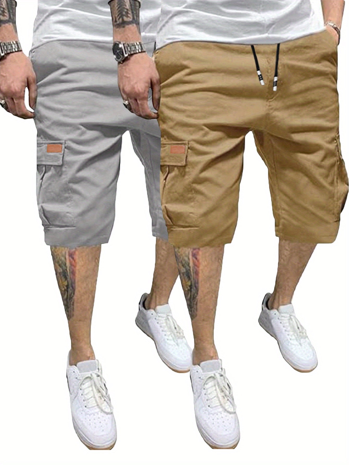 2 Pcs Men's Casual Cargo Shorts with Elastic Drawstring Cotton Stretch and Multiple Pockets - Looped In Style