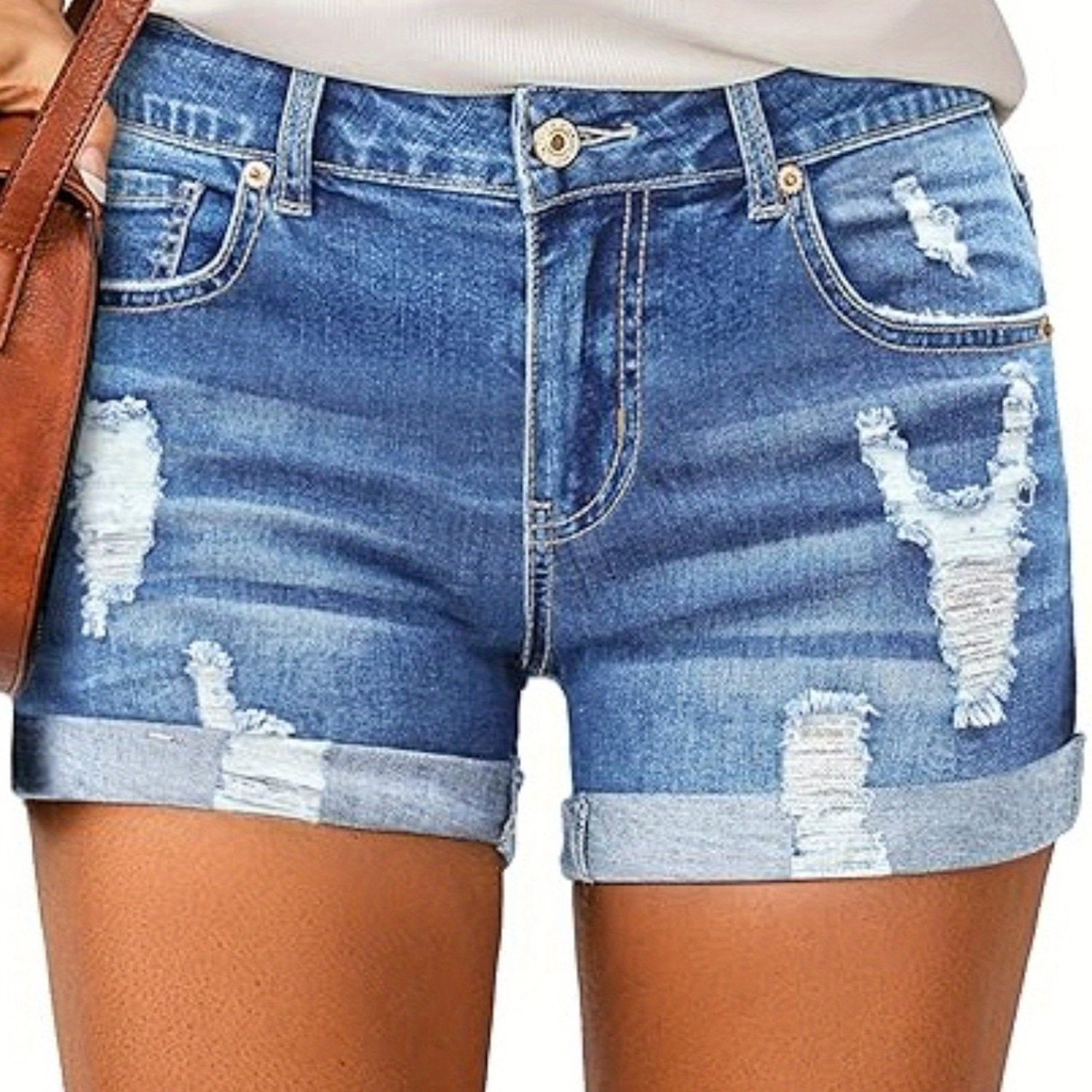 Women's Summer Ripped Denim Shorts Mid Rise Streetwear Jeans with Pockets - Looped In Style