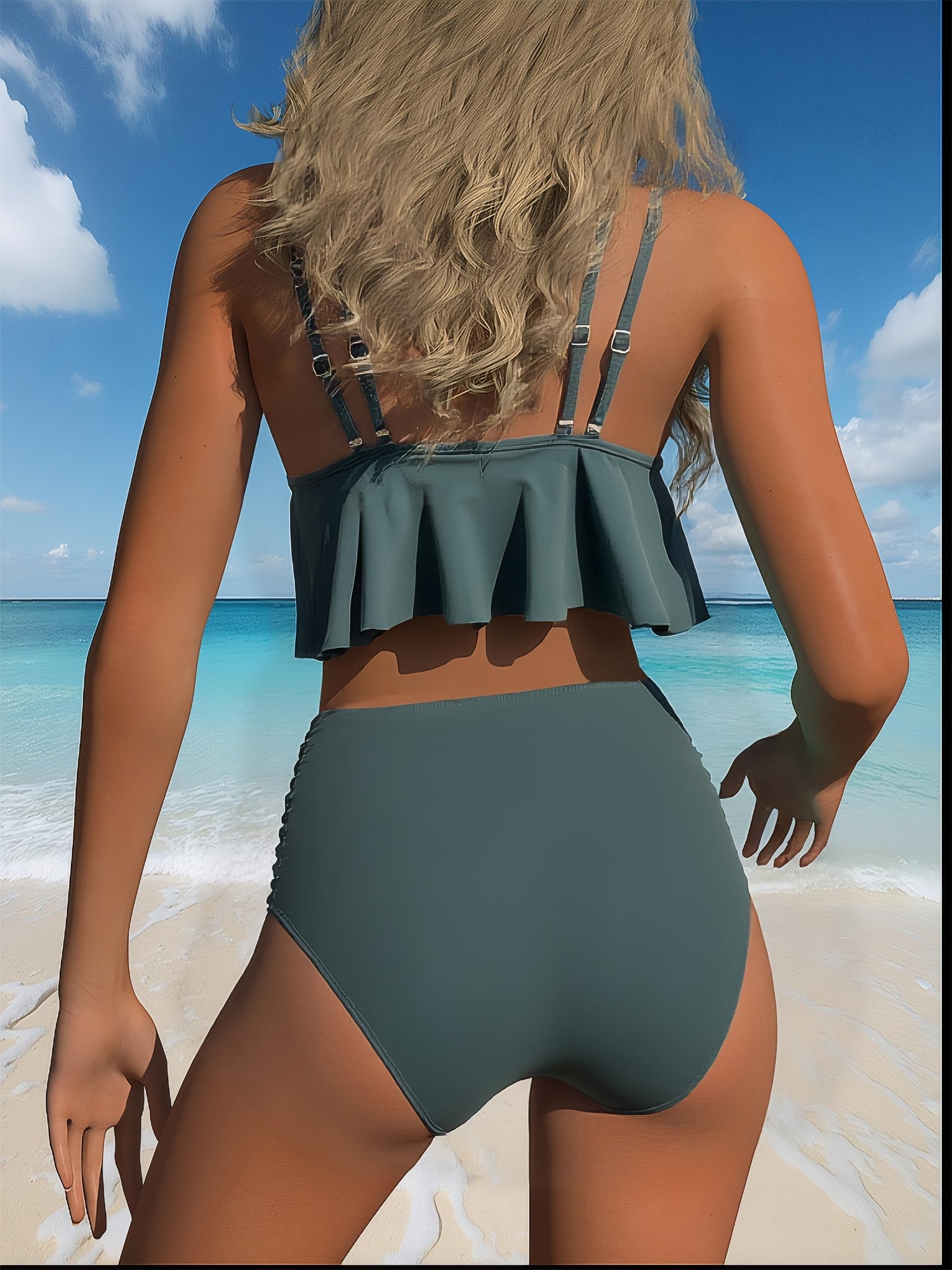 High-End Sexy Tankini Two-Piece Set for Women Pleated Edge High Waisted Pants Fashionable Hot Spring Swimsuit European and American Beach Split Swimsuit - Looped In Style
