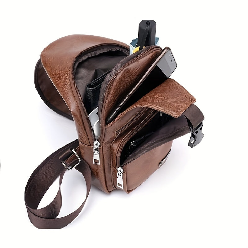 Lightweight Faux Leather Sling Chest Bag with USB Charging Port for Men and Women Crossbody Mini Sash Bag for Travel and Outdoor Camping in Light Brown and Black - Looped In Style