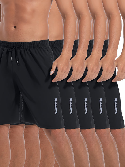 OYGSieg 5pcs Mens Sports Gym Workout Shorts Quick Drying Lightweight Basketball Running Shorts With Stretch Waistband Side Zip Pocket Woven Fabric - Looped In Style