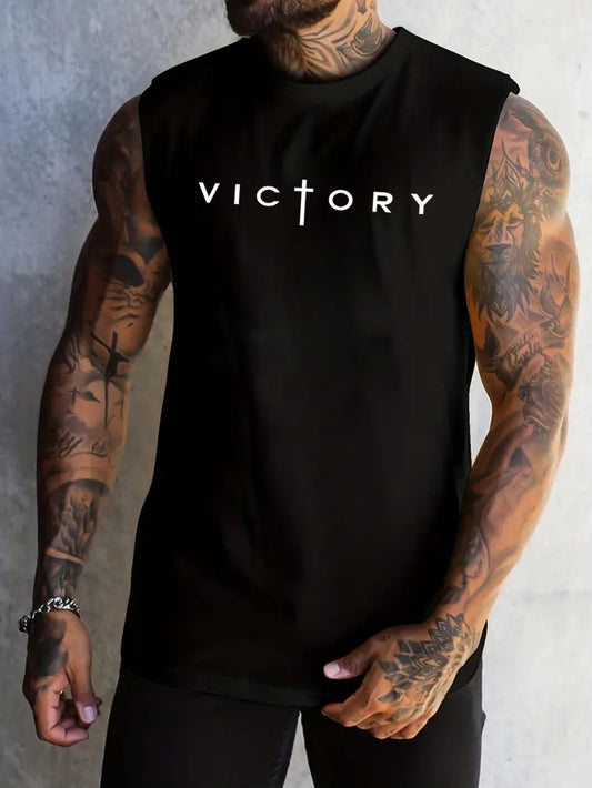 Cotton Tank Top 100 Percent Cotton Mens Victory Graphic Sleeveless Shirt for Summer Round Neck Black with White Print - Looped In Style