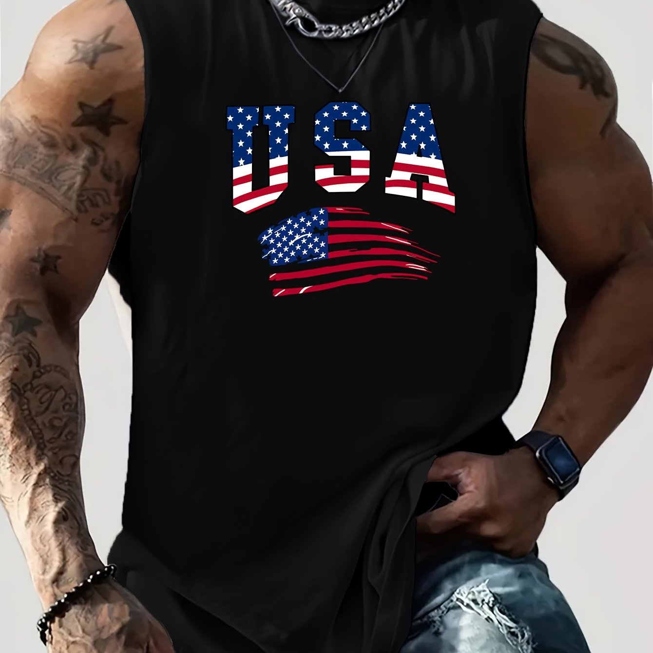 Mens Patriotic USA Flag Print Sleeveless T Shirt 100 Percent Cotton Breathable Summer Casual Top for Gym Outdoor and Fitness Regular Fit Round Neck Short Sleeve Tee Ventilated Sportswear - Looped In Style