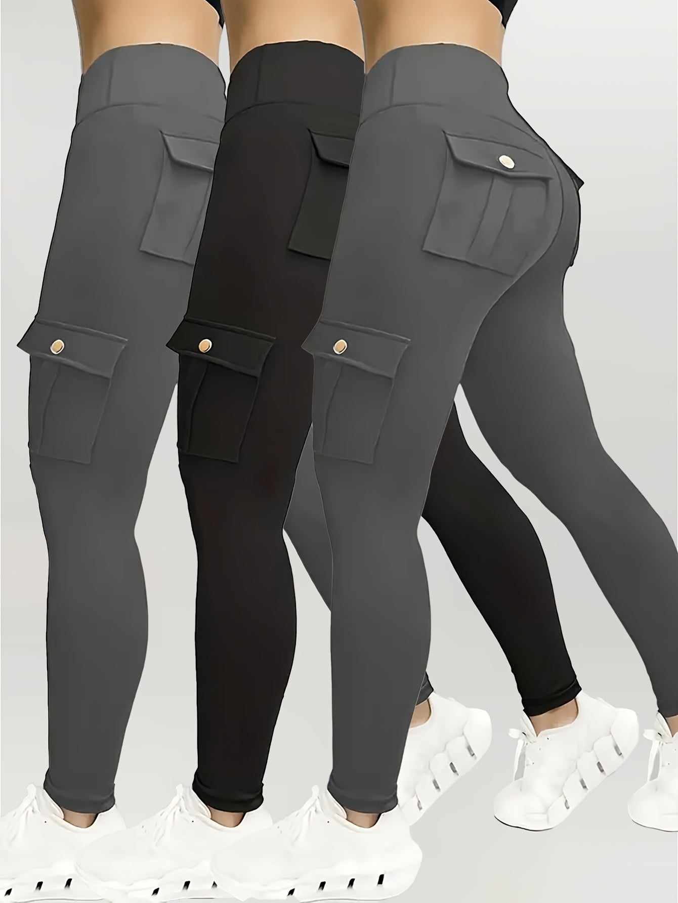 3pcs Women's High Waisted Yoga Tights with Pockets Stretchy Running and Sports Leggings with Button Design Solid Colors Black Navy Blue Gray Flap Pockets and Comfortable Polyester Blend Fabric - Looped In Style