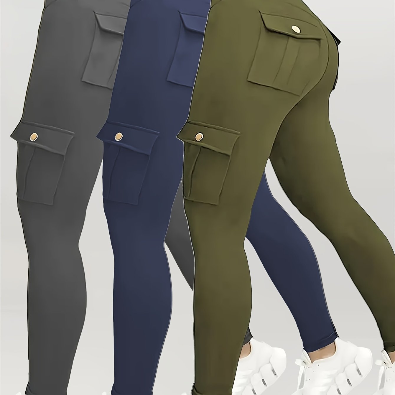 3pcs Women's High Waisted Yoga Tights with Pockets Stretchy Running and Sports Leggings with Button Design Solid Colors Black Navy Blue Gray Flap Pockets and Comfortable Polyester Blend Fabric - Looped In Style
