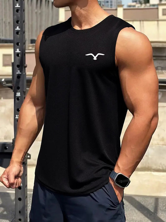 Mens Summer Fashion Seagull Print Short Sleeve Cotton Round Neck Pullover Sports Breathable Sleeveless T-Shirt - Looped In Style