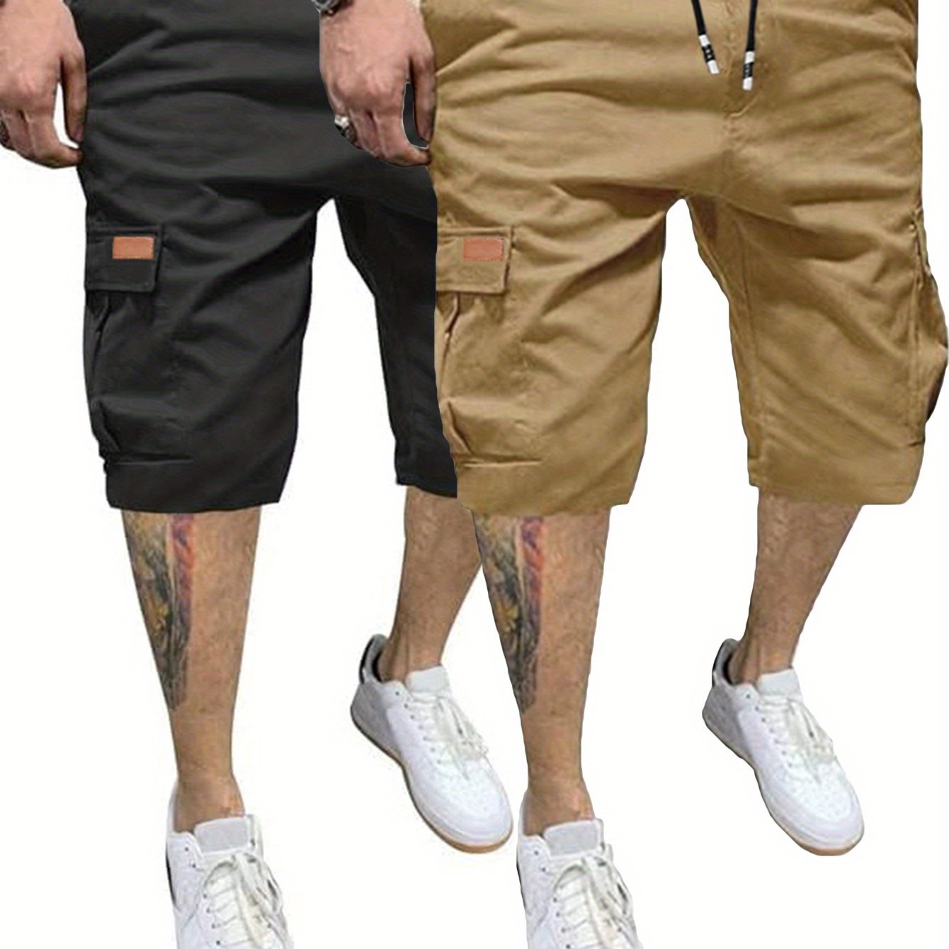 2 Pcs Men's Casual Cargo Shorts with Elastic Drawstring Cotton Stretch and Multiple Pockets - Looped In Style