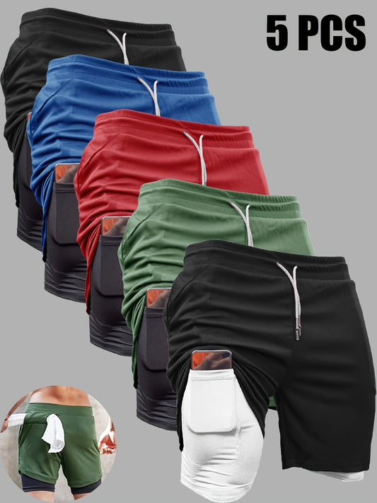 5pcs Men's 2-in-1 Double Layer Shorts with Inner Pockets - Looped In Style