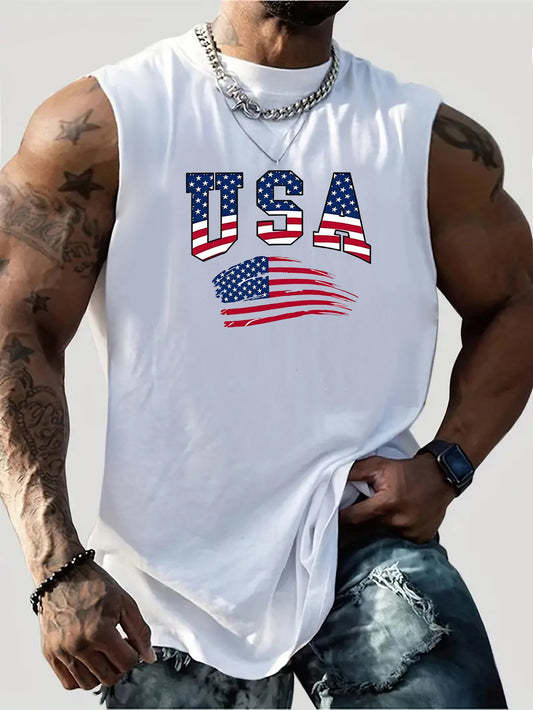 Mens Patriotic USA Flag Print Sleeveless T Shirt 100 Percent Cotton Breathable Summer Casual Top for Gym Outdoor and Fitness Regular Fit Round Neck Short Sleeve Tee Ventilated Sportswear - Looped In Style