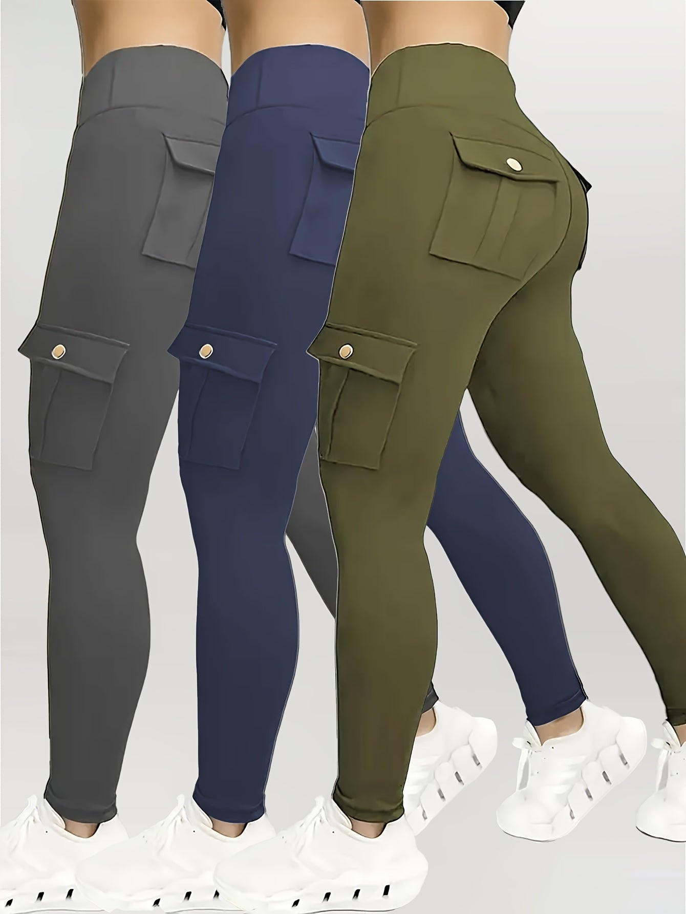 3pcs Women's High Waisted Yoga Tights with Pockets Stretchy Running and Sports Leggings with Button Design Solid Colors Black Navy Blue Gray Flap Pockets and Comfortable Polyester Blend Fabric - Looped In Style