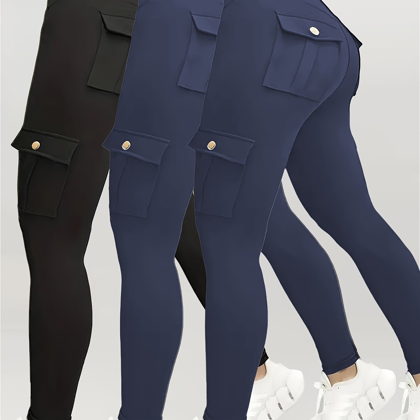 3pcs Women's High Waisted Yoga Tights with Pockets Stretchy Running and Sports Leggings with Button Design Solid Colors Black Navy Blue Gray Flap Pockets and Comfortable Polyester Blend Fabric - Looped In Style
