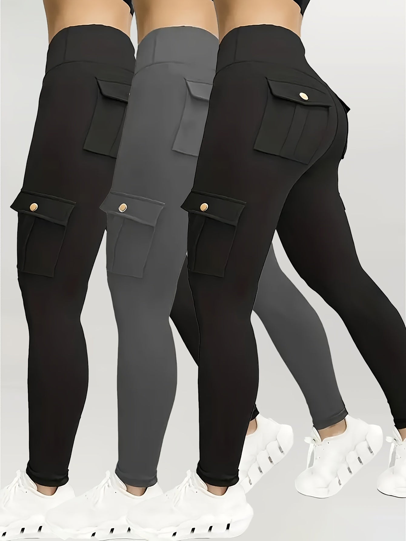 3pcs Women's High Waisted Yoga Tights with Pockets Stretchy Running and Sports Leggings with Button Design Solid Colors Black Navy Blue Gray Flap Pockets and Comfortable Polyester Blend Fabric - Looped In Style