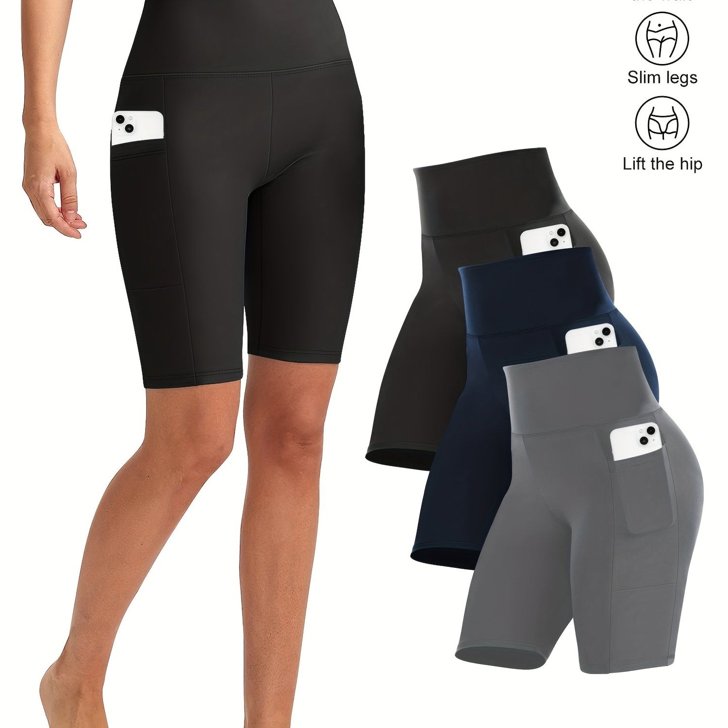 3pcs Women'S High-Waist Yoga Capri Pants With Side Pockets, Ice Touch Breathable, High-Elasticity Shaping, Suitable For Yoga, Fitness, Running, And Casual Wear