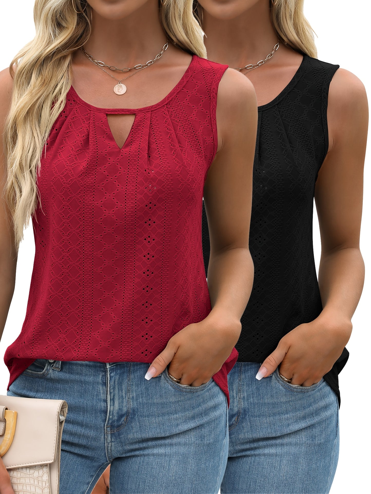 Women's 2pcs Summer Tank Top Set Sleeveless Eyelet Embroidery Loose Fit Business Casual Tops for Work and Casual Wear - Looped In Style