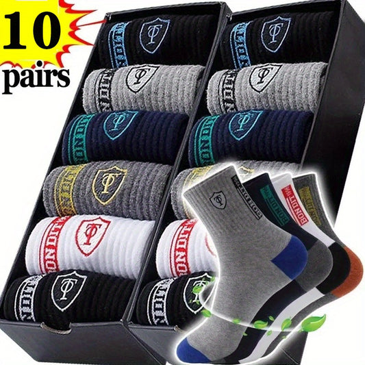 10 Pairs Men’s Breathable Thermal Crew Socks with Stylish Letters and Emblems Multi-Color Assortment for Winter and Autumn Comfortable Casual Sock Collection - Looped In Style