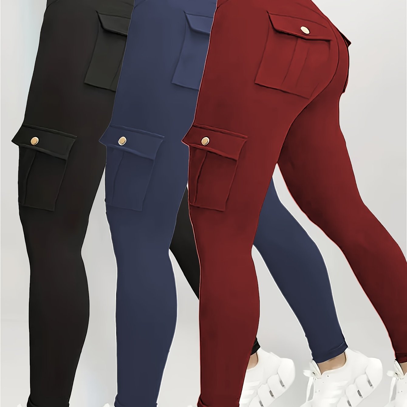 3pcs Women's High Waisted Yoga Tights with Pockets Stretchy Running and Sports Leggings with Button Design Solid Colors Black Navy Blue Gray Flap Pockets and Comfortable Polyester Blend Fabric - Looped In Style