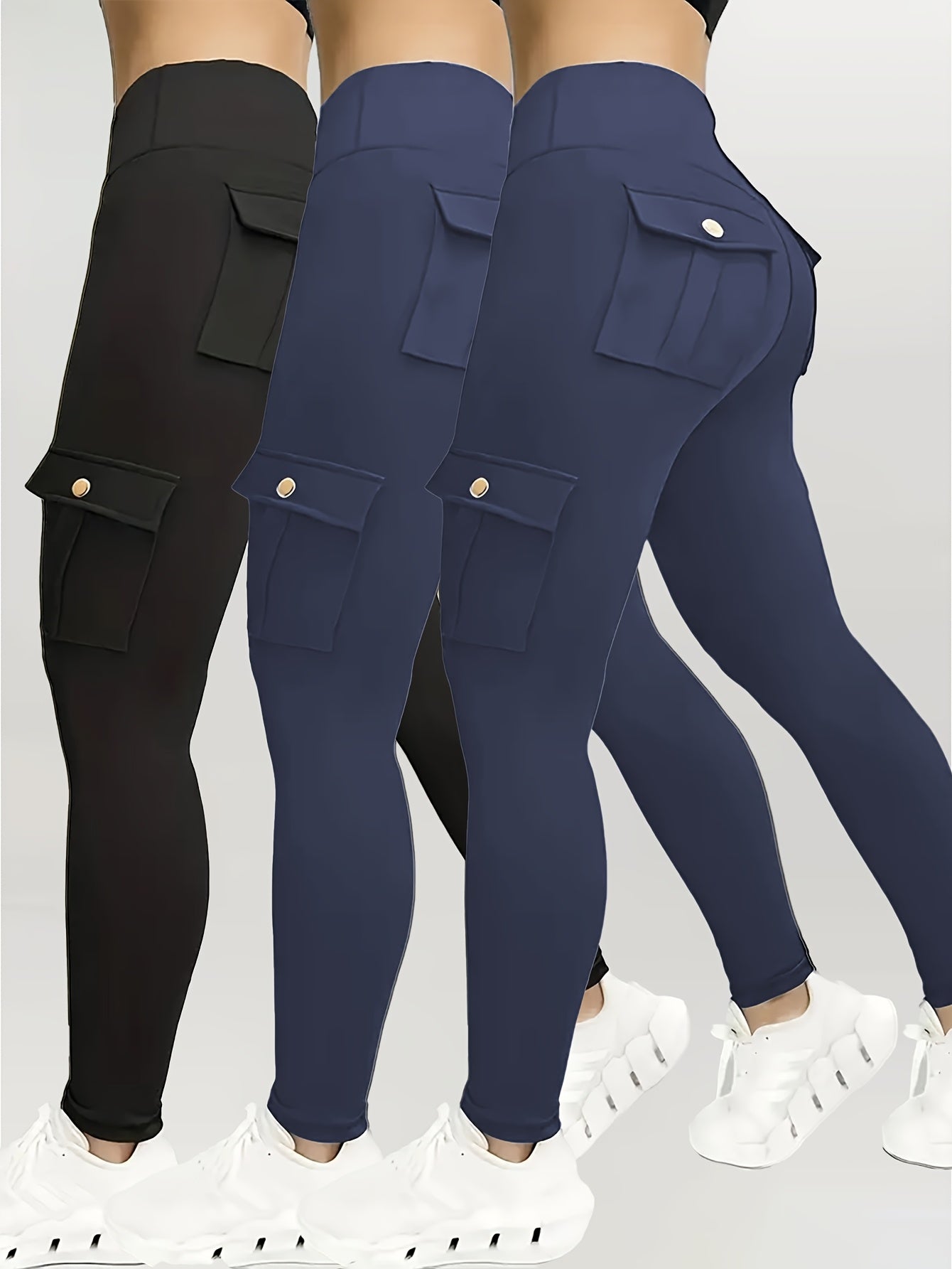 3pcs Women's High Waisted Yoga Tights with Pockets Stretchy Running and Sports Leggings with Button Design Solid Colors Black Navy Blue Gray Flap Pockets and Comfortable Polyester Blend Fabric - Looped In Style