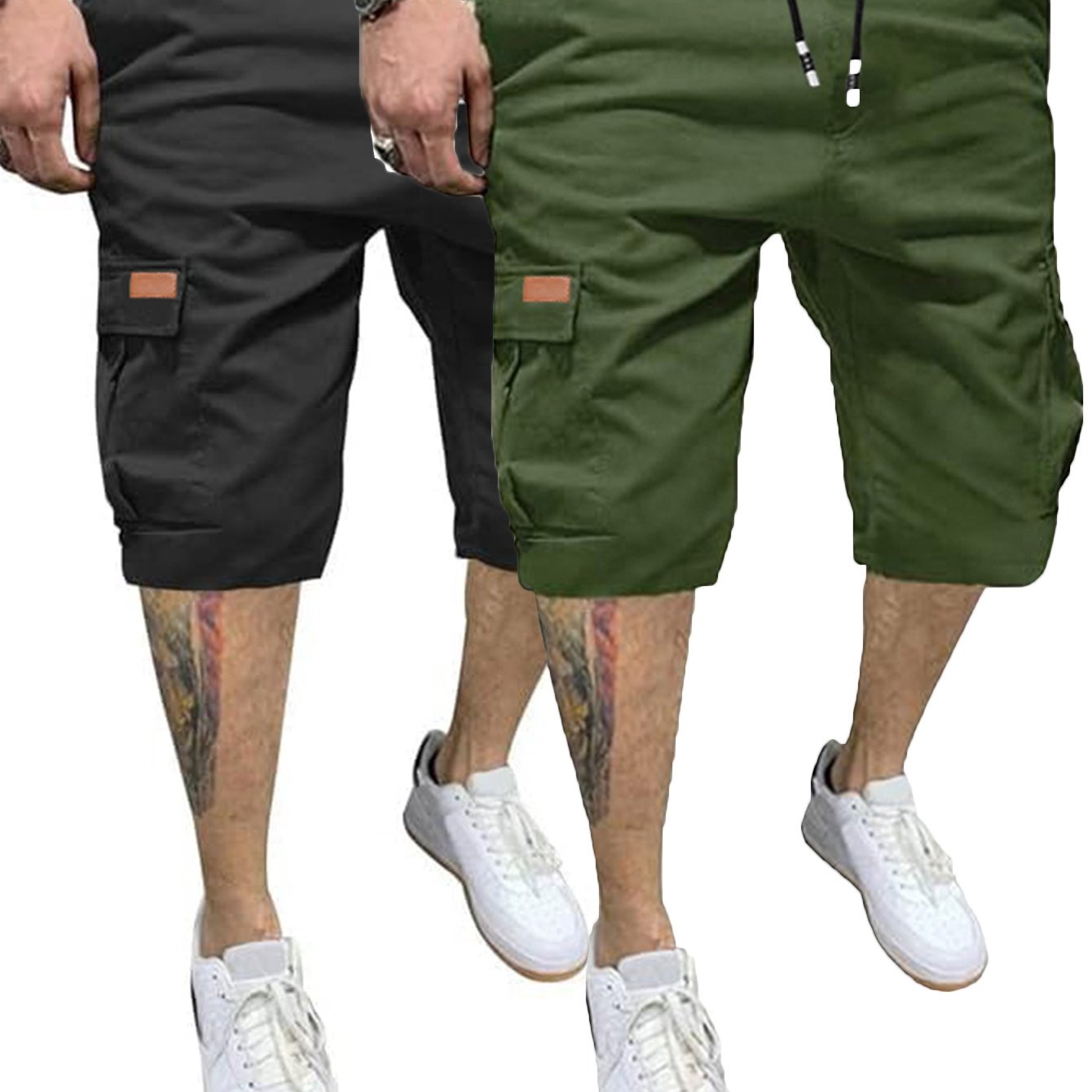 2 Pcs Men's Casual Cargo Shorts with Elastic Drawstring Cotton Stretch and Multiple Pockets - Looped In Style