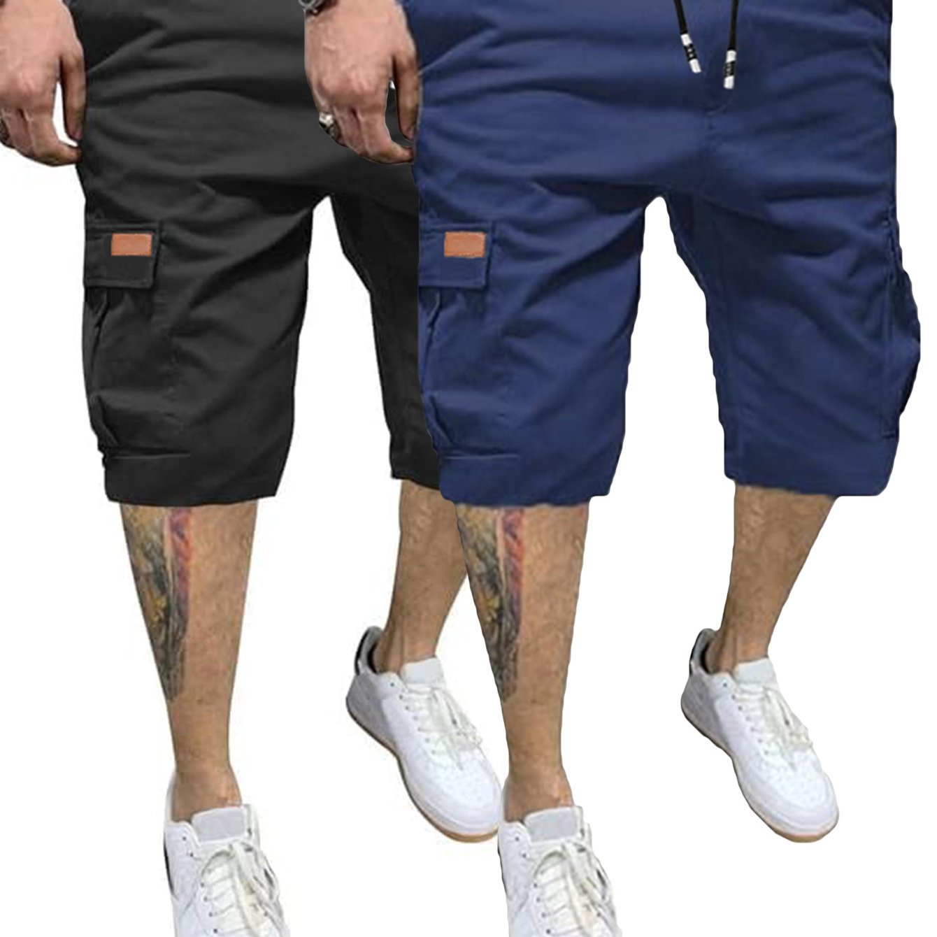 2 Pcs Men's Casual Cargo Shorts with Elastic Drawstring Cotton Stretch and Multiple Pockets - Looped In Style