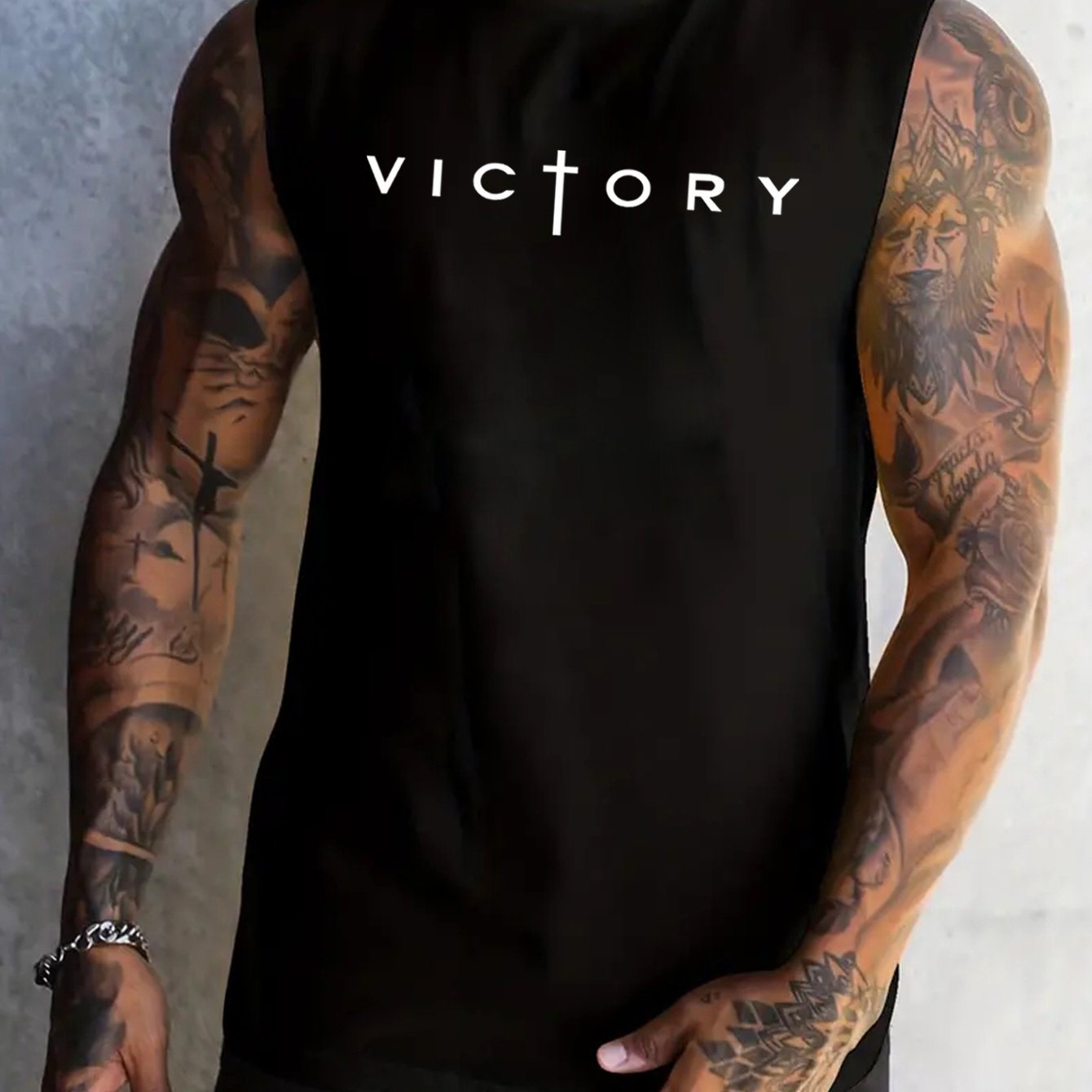 Cotton Tank Top 100 Percent Cotton Mens Victory Graphic Sleeveless Shirt for Summer Round Neck Black with White Print - Looped In Style