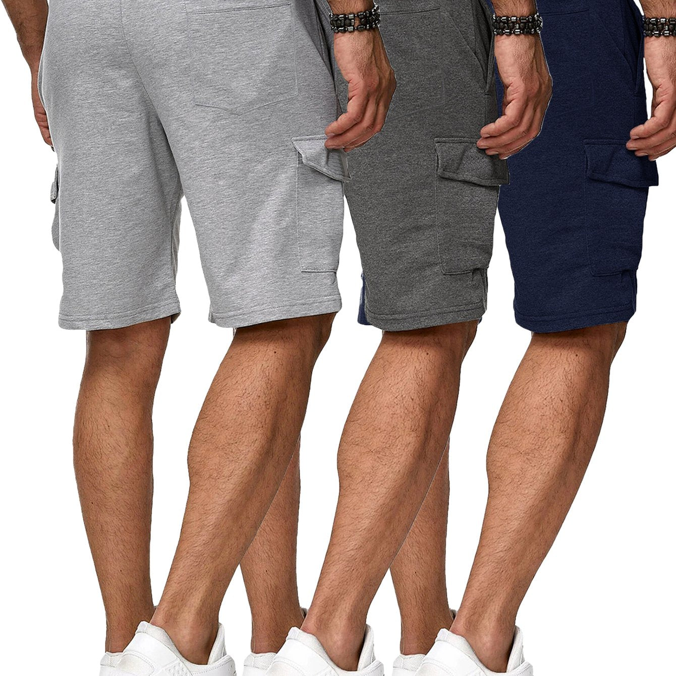 3 Pack Men's Cargo Shorts Sweatshorts with Classic Fit Cargo Pockets Elastic Drawstring Polyester Stretch Shorts for Summer Beach Workout - Looped In Style