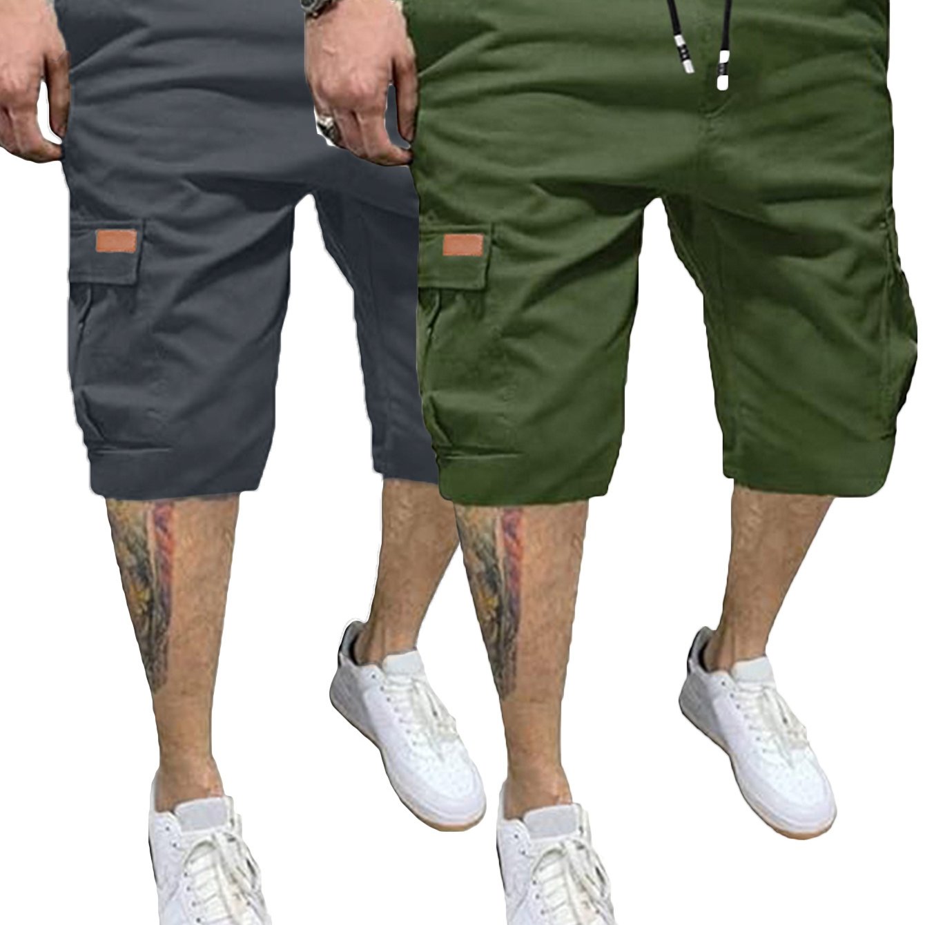 2 Pcs Men's Casual Cargo Shorts with Elastic Drawstring Cotton Stretch and Multiple Pockets - Looped In Style