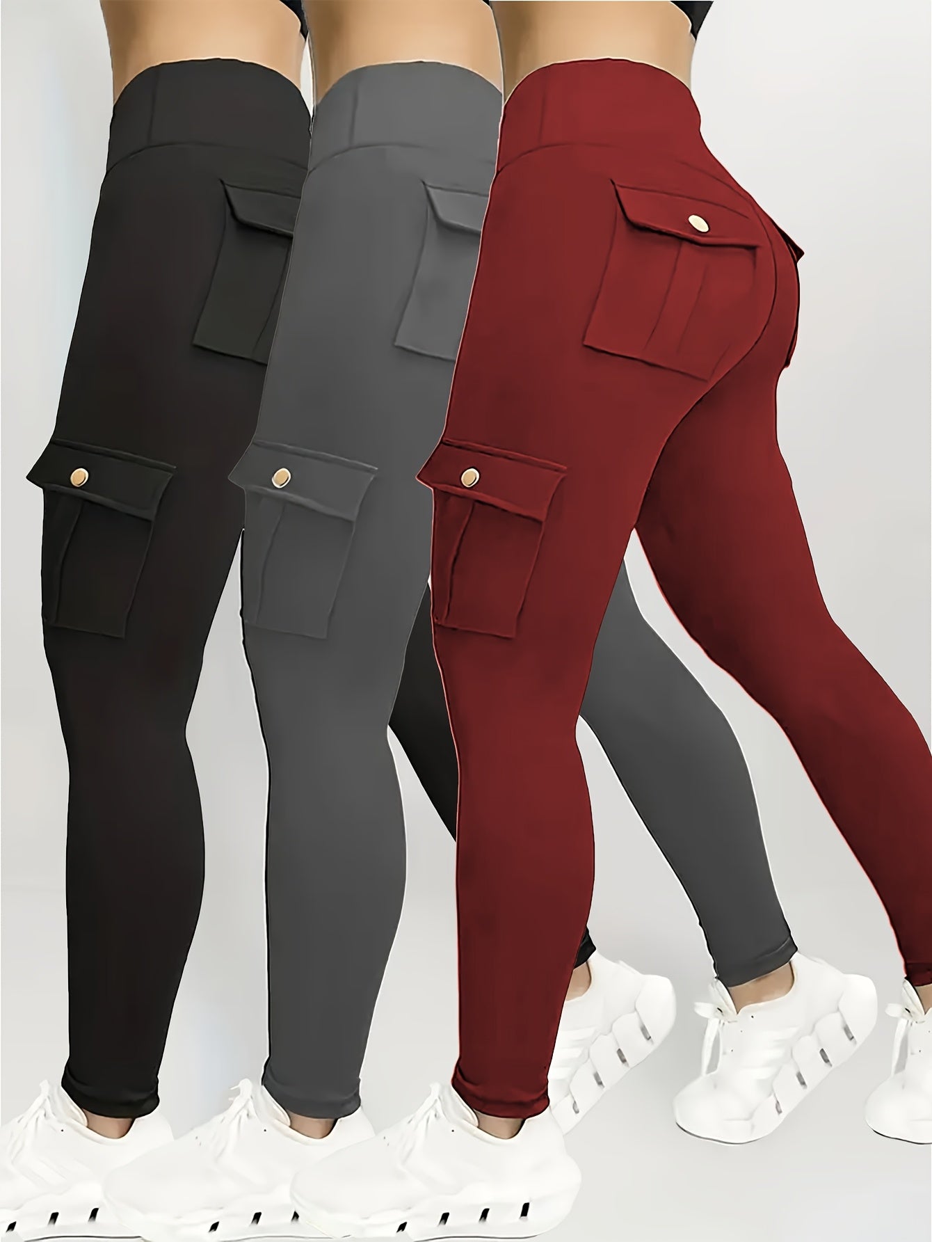 3pcs Women's High Waisted Yoga Tights with Pockets Stretchy Running and Sports Leggings with Button Design Solid Colors Black Navy Blue Gray Flap Pockets and Comfortable Polyester Blend Fabric - Looped In Style
