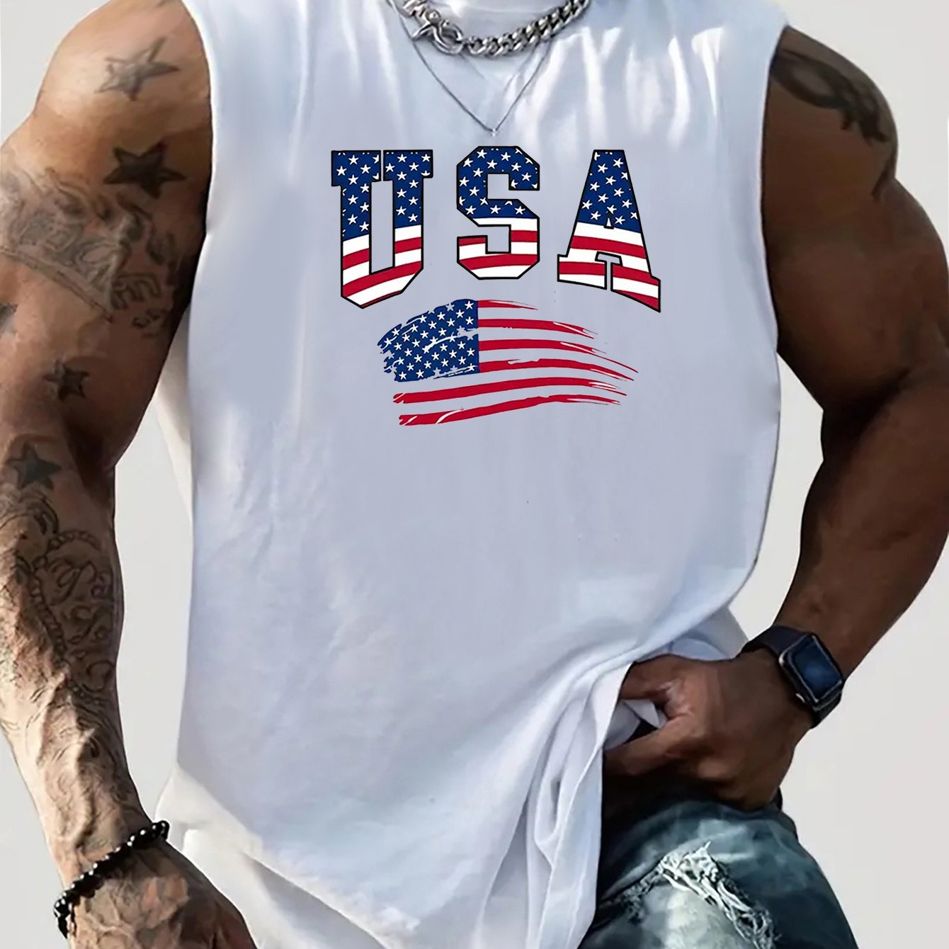 Mens Patriotic USA Flag Print Sleeveless T Shirt 100 Percent Cotton Breathable Summer Casual Top for Gym Outdoor and Fitness Regular Fit Round Neck Short Sleeve Tee Ventilated Sportswear - Looped In Style