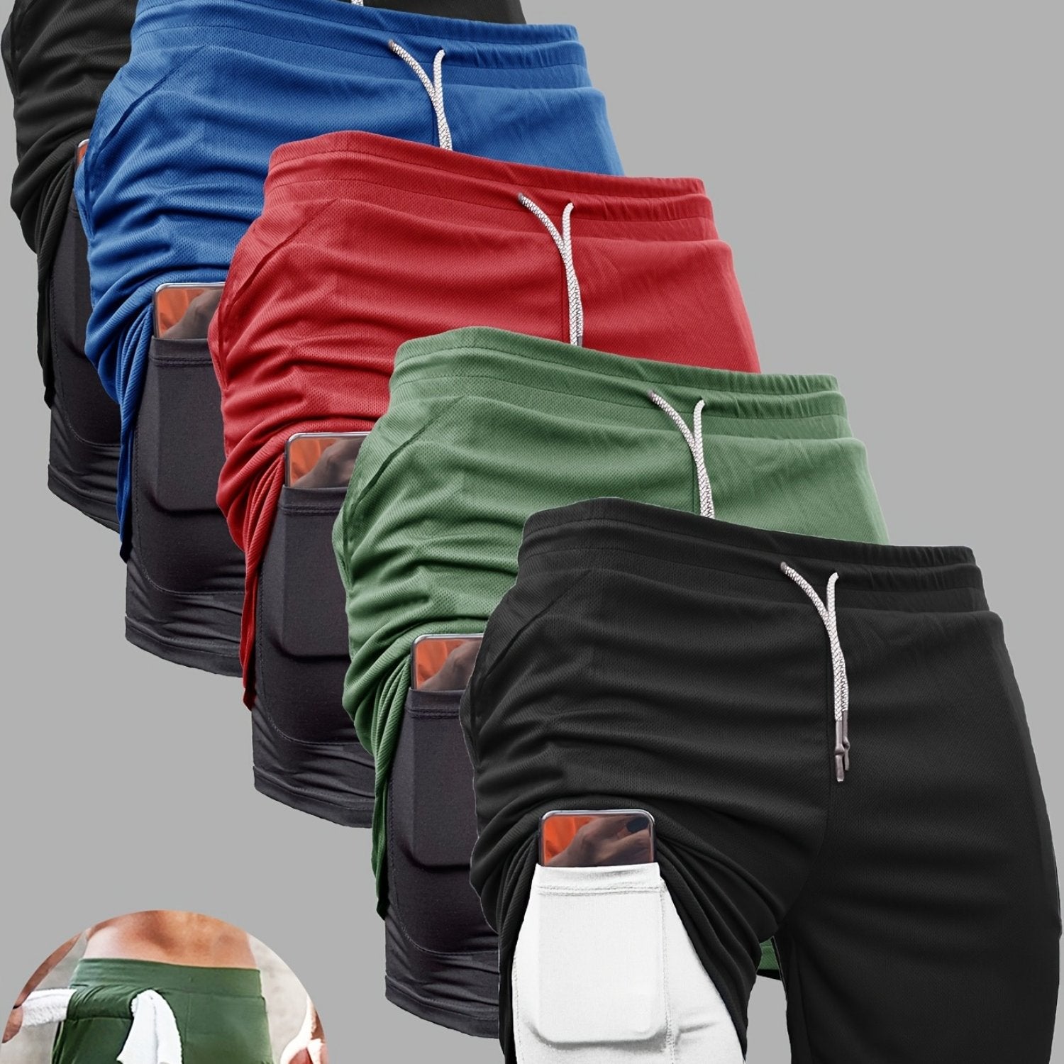 5pcs Men's 2-in-1 Double Layer Shorts with Inner Pockets - Looped In Style