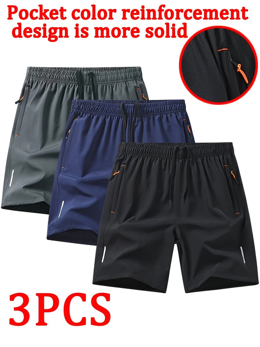 3 Pack Mens Solid Color Athletic Shorts with Elastic Waistband and Zipper Pockets Lightweight Breathable Fabric for Tennis Outdoor Sports and Casual Wear Grey Green Navy - Looped In Style