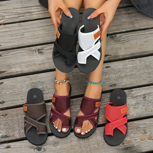 Women'S Summer Breathable Slippers, Mesh Open-toe Flat Models, Black, Red, Brown Optional, Cover Stickers Add A Sense Of Leisure