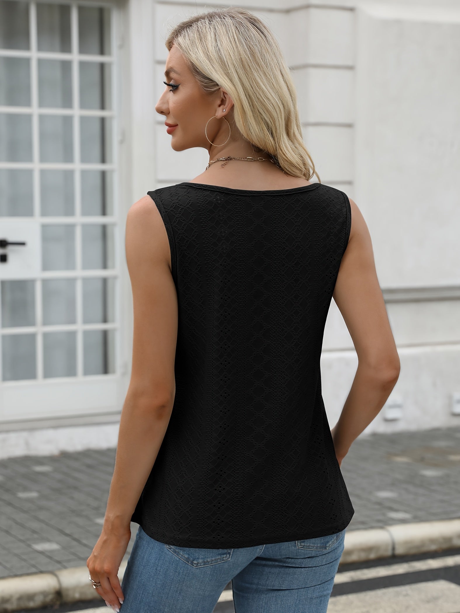 Women's 2pcs Summer Tank Top Set Sleeveless Eyelet Embroidery Loose Fit Business Casual Tops for Work and Casual Wear - Looped In Style