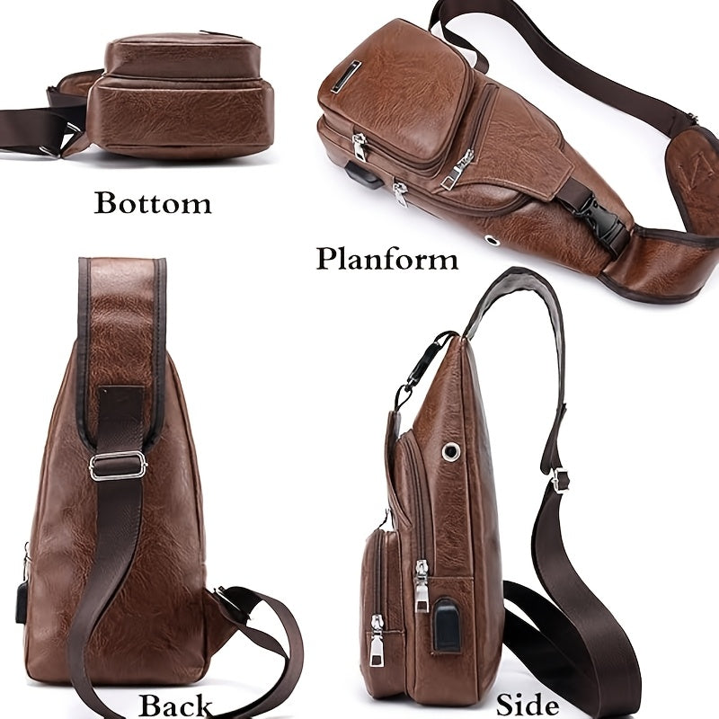 Lightweight Faux Leather Sling Chest Bag with USB Charging Port for Men and Women Crossbody Mini Sash Bag for Travel and Outdoor Camping in Light Brown and Black - Looped In Style