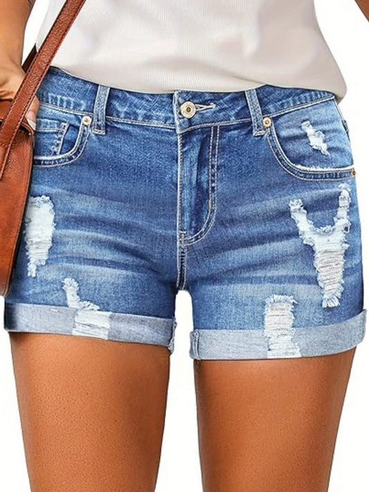 Women's Summer Ripped Denim Shorts Mid Rise Streetwear Jeans with Pockets - Looped In Style