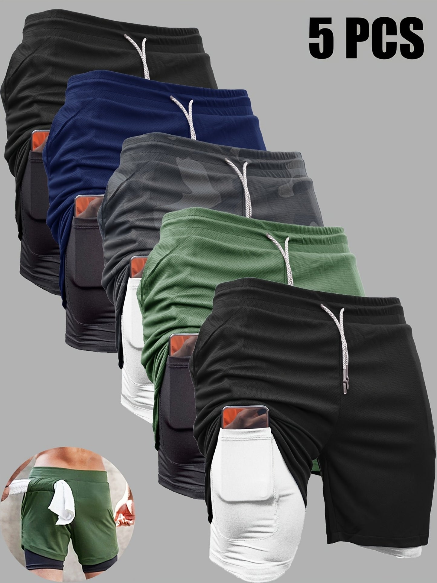 5pcs Men's 2-in-1 Double Layer Shorts with Inner Pockets - Looped In Style