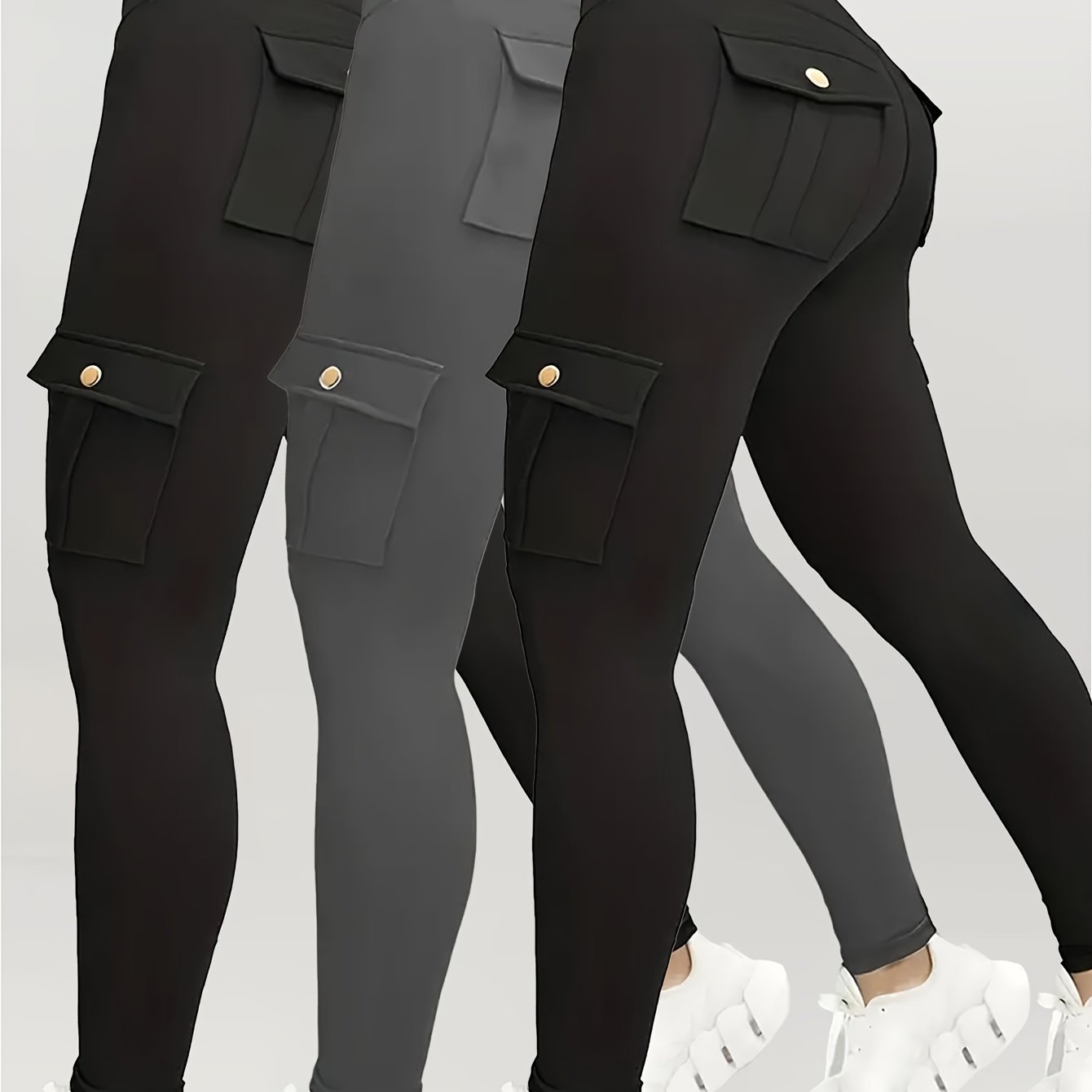 3pcs Women's High Waisted Yoga Tights with Pockets Stretchy Running and Sports Leggings with Button Design Solid Colors Black Navy Blue Gray Flap Pockets and Comfortable Polyester Blend Fabric - Looped In Style