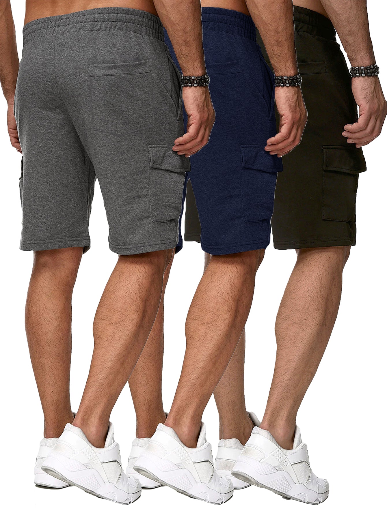 3 Pack Men's Cargo Shorts Sweatshorts with Classic Fit Cargo Pockets Elastic Drawstring Polyester Stretch Shorts for Summer Beach Workout - Looped In Style